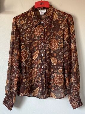 Vintage Coldwater Creek Floral Blouse - Velvet Trim & Sheer Fabric - Size Large